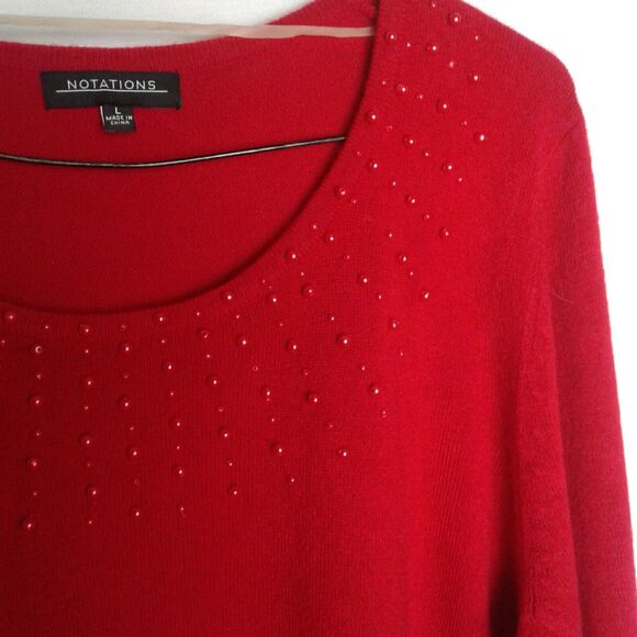 Red Notations Size Large Women's Sweater With Red Pearls Long Sleeve acrylic - Picture 3 of 5